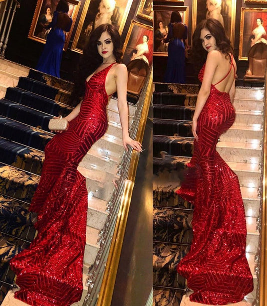 Charming Red Seuqins V-Neck Prom Dresses Mermaid Sleeveless