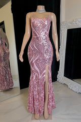New Arrival Spaghetti-Straps Sequins Prom Dress Mermaid Slit Sleeveless
