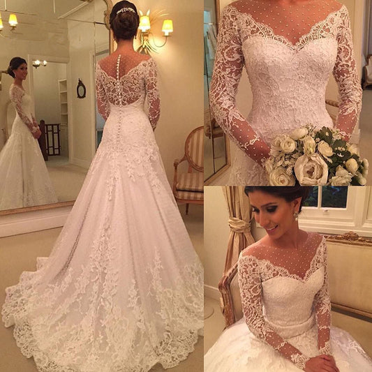 Elegant Princess Wedding Gown with Long Sleeves and Pearl Lace Appliques