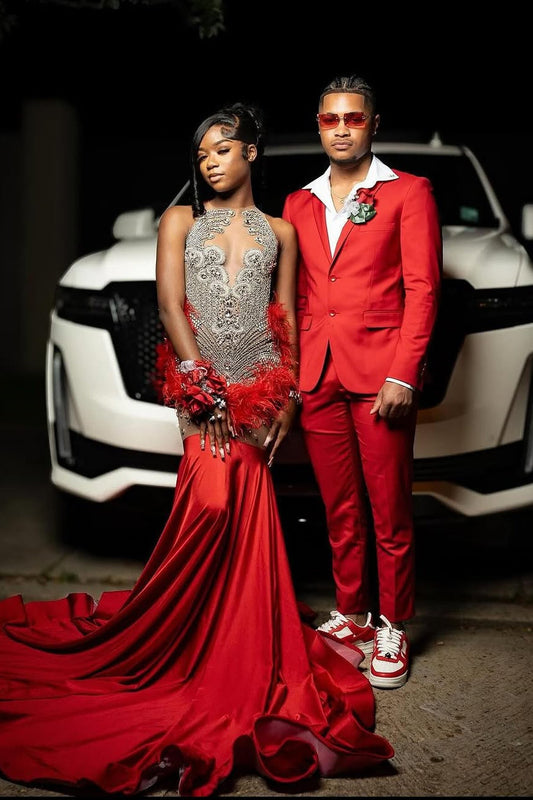 Modern Red Sleeveless Beadings Prom Dress Mermaid Long With Feather