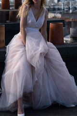 Sleeveless Tulle V-Neck Wedding Dress for the Beach