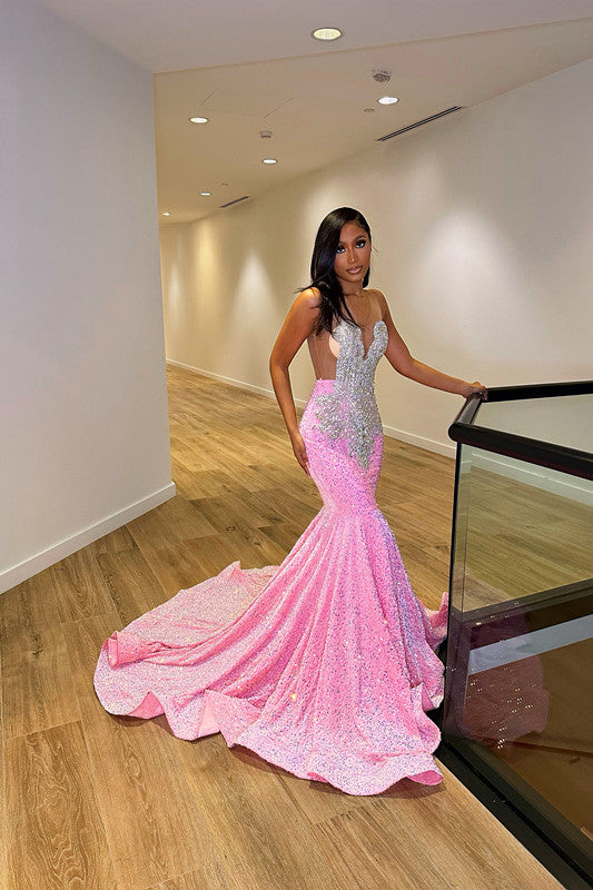 Classic Pink Sequins V-Neck Prom Dress Sleeveless With Crystals