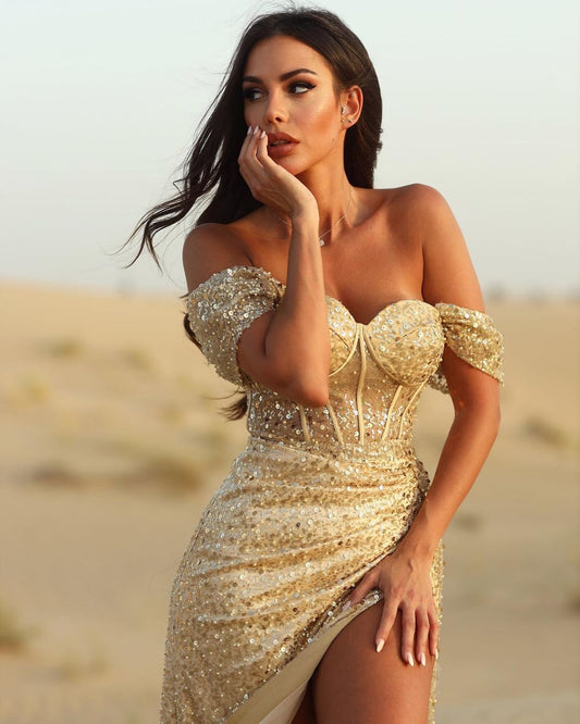 Champagne Sequins Evening Dress Off-The-Shoulder Long High Slit
