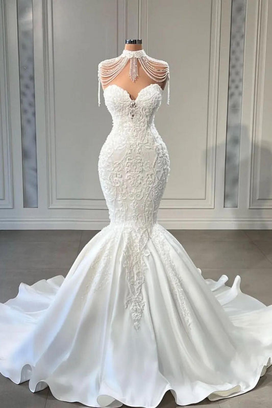 Long Pearl Wedding Dress in Elegant Mermaid Sweetheart Satin with Lace