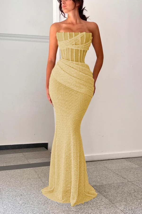 Burgundy Sleeveless Strapless Square Mermaid Prom Dress With Pleated