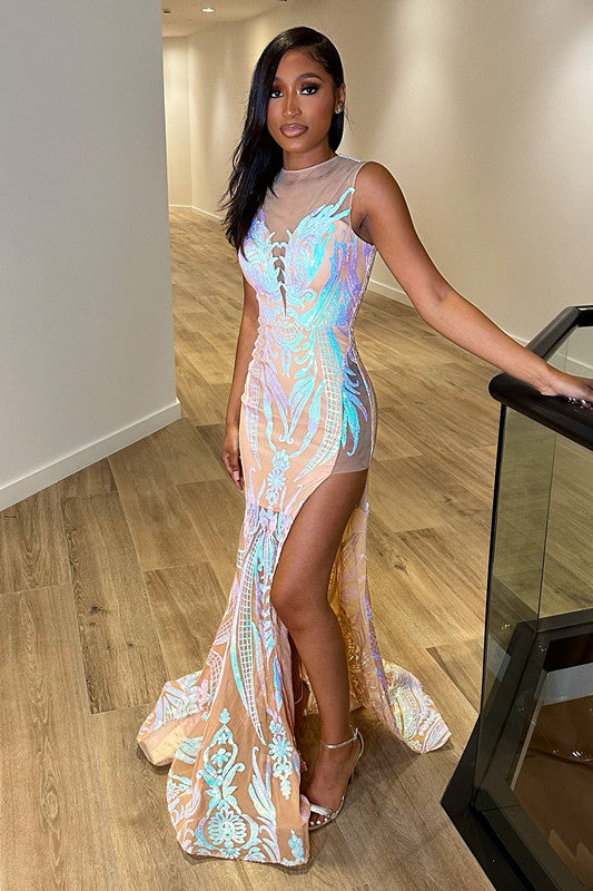 Fantasy Evening Dress Sequins Side Split Sleeveless V Neck
