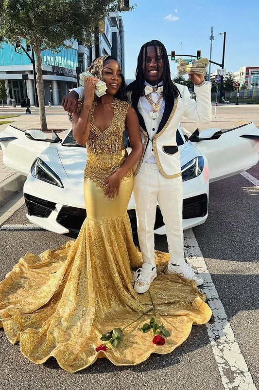 Modern Gold Sleeveless Prom Dress Mermaid Long With Lace Beadings