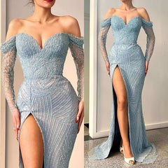 New Arrival Long Sleeves Mermaid Prom Dress Beadings Off-the-Shoulder With Slit