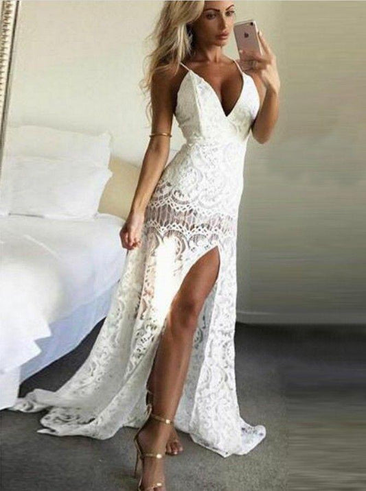 Halter V-Neck Sleeveless Prom Dress Lace With Split