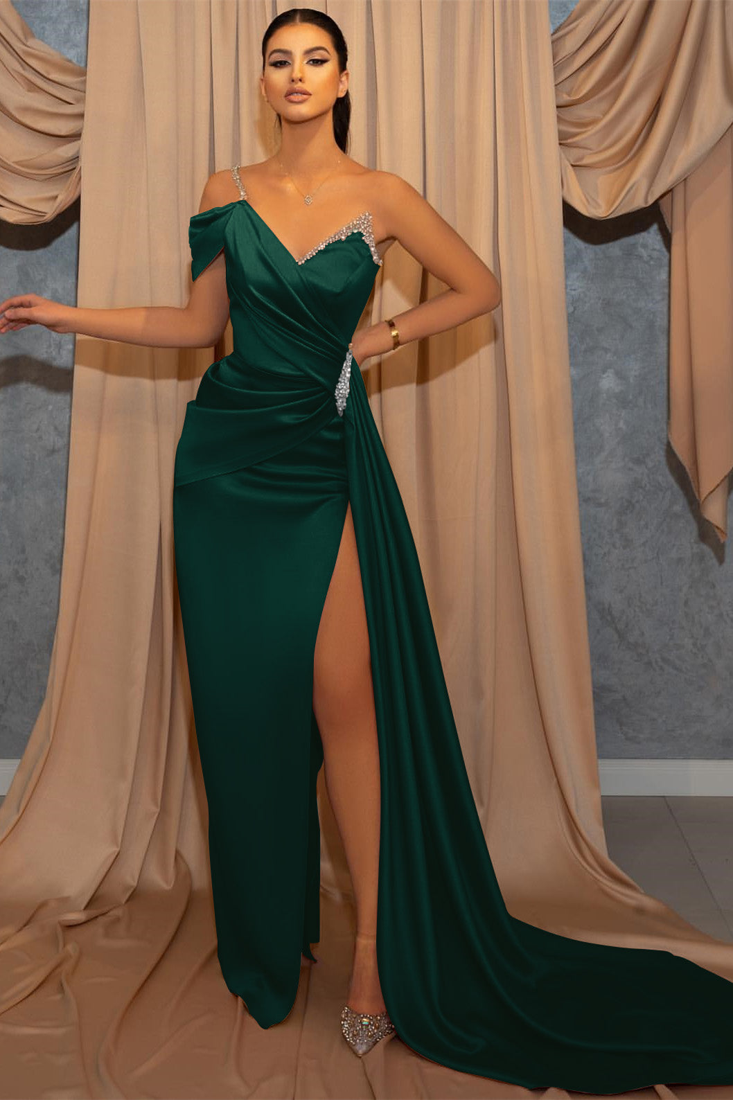 One Shoulder V-Neck Spaghetti-Straps Beads Mermaid Slit Prom Dress with Ruffles