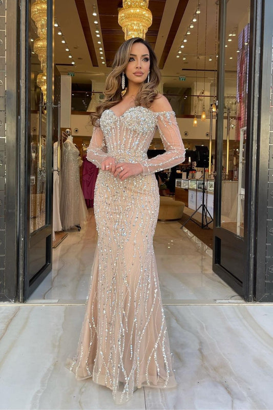 Heavy Champagne Prom Dress Sweetheart Long Sleeves Strapless Beads Mermaid Tulle