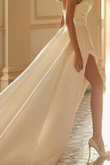 Elegant White Satin A-Line Long Wedding Dress with Strapless Sleeveless Design and Split