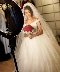 Off-the-shoulder Beaded Backless Wedding Gown with Elegant Floor-length Tassel Tulle