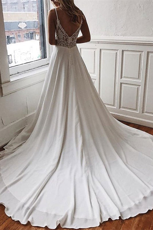 Wedding Dress with Lace Details and Chiffon Spaghetti Straps