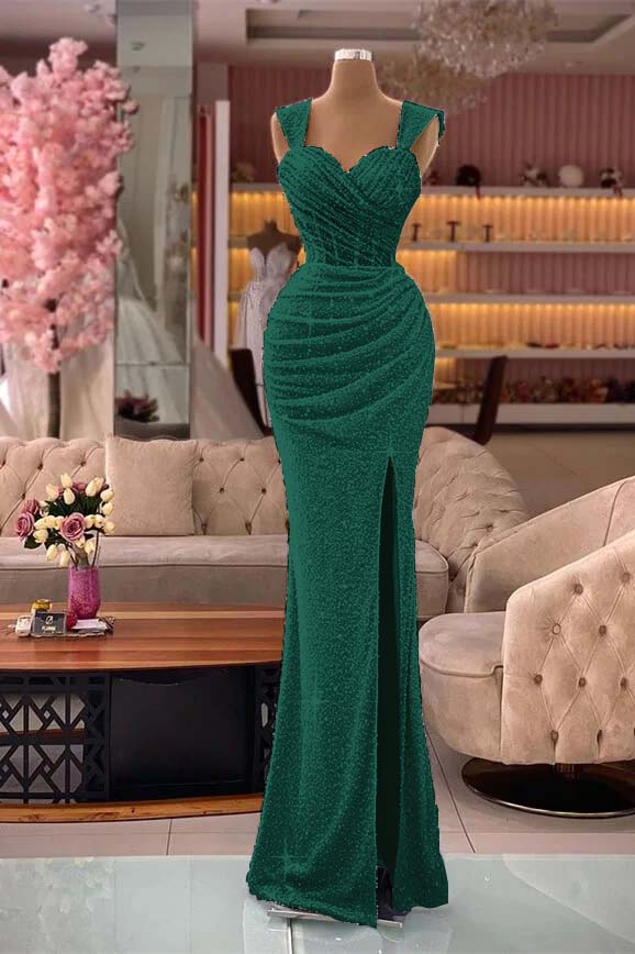  Glamorous Straps Sweetheart Mermaid Sequin Split Evening Dress with Pleats