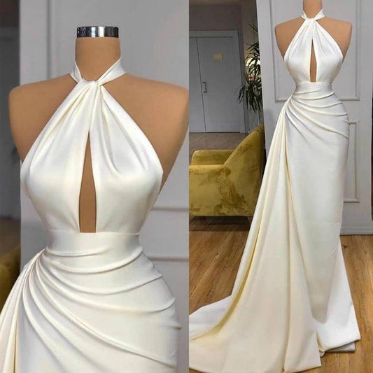 Mermaid Halter Ivory Long Evening Party Gowns Prom Dress