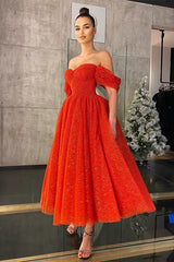 Modern Off-the-Shoulder Red Sequins Prom Dress Tea-Length