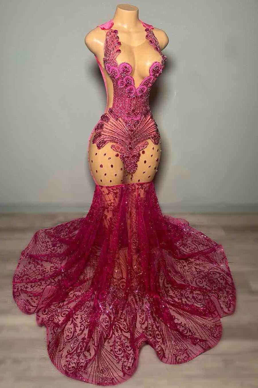Stunning Fuchsia Sleeveless Prom Dress Mermaid Sequins Beadings Long