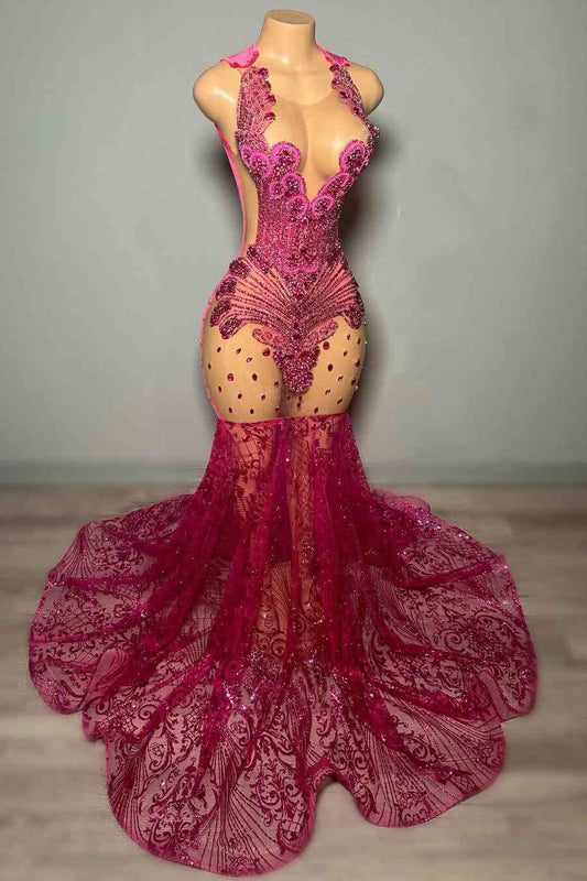 Stunning Fuchsia Sleeveless Prom Dress Mermaid Sequins Beadings Long
