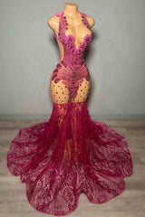 Stunning Fuchsia Sleeveless Prom Dress Mermaid Sequins Beadings Long