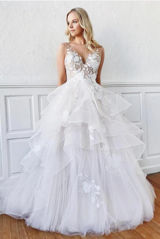 Elegant V-Neck Spaghetti Strap Lace A-Line Wedding Gown