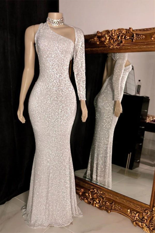 Classic Sequins One Shoulder Mermaid Prom Dress Long Sleeves