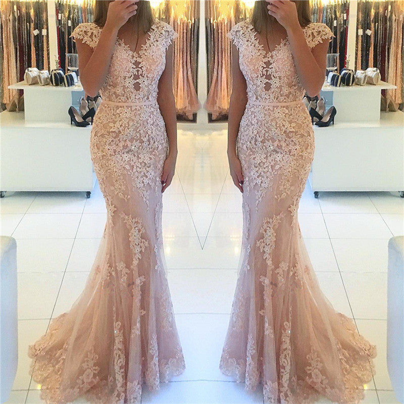 Glamorous Cap Sleeves Lace Appliques Prom Dress Mermaid Long