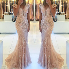Glamorous Cap Sleeves Lace Appliques Prom Dress Mermaid Long