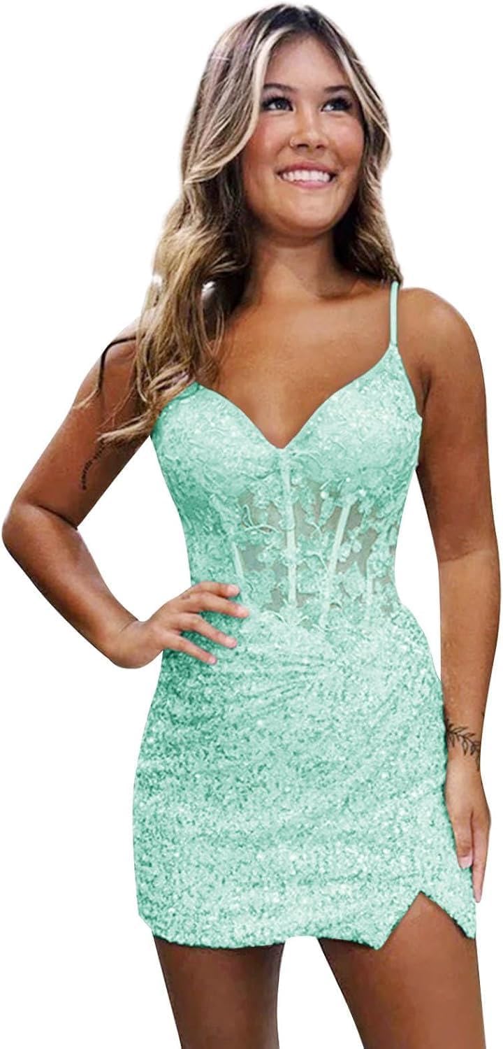 Loyeloy Short Homecoming Dresses for Teens 2025 V Neck Sparkly Sequin Applique Prom Evening Gowns