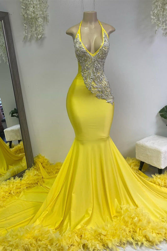 Modern Lemon Yellow Halter Sleeveless Prom Dress Mermaid V-Neck With Feather