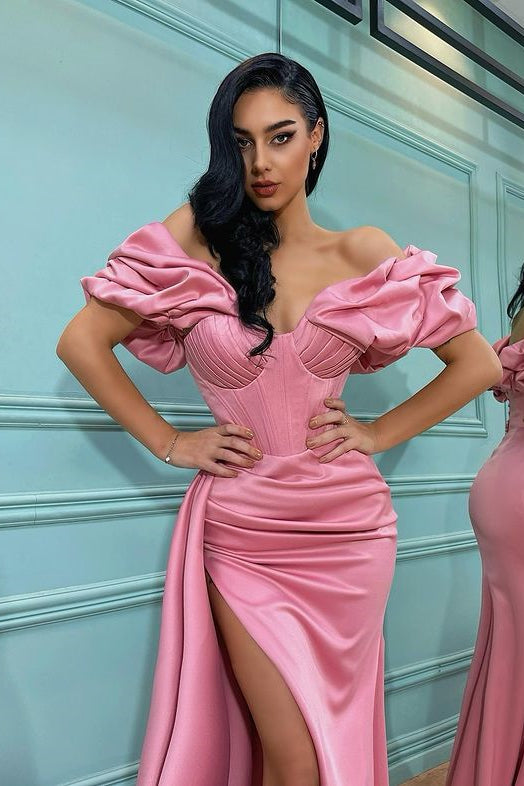 Classic Pink Off-the-Shoulder Split Prom Dress Long Mermaid