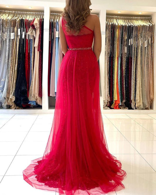 Stunning One Shoulder Red Tulle Prom Dress Lace With Slit