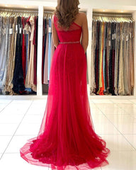 Stunning One Shoulder Red Tulle Prom Dress Lace With Slit