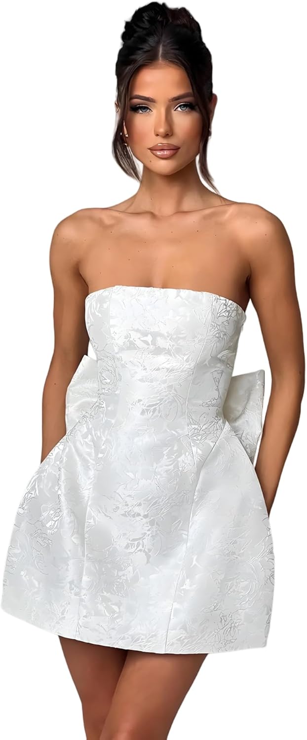 JUMISEE Embroidery Satin Homecoming Dress with Bow Modest Strapless Mini Dresses A Line Short Prom Dress Party Gown