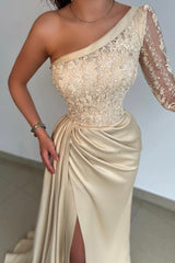 Modern One Shoulder Long Sleeve Prom Dresseses Long With Lace Slit