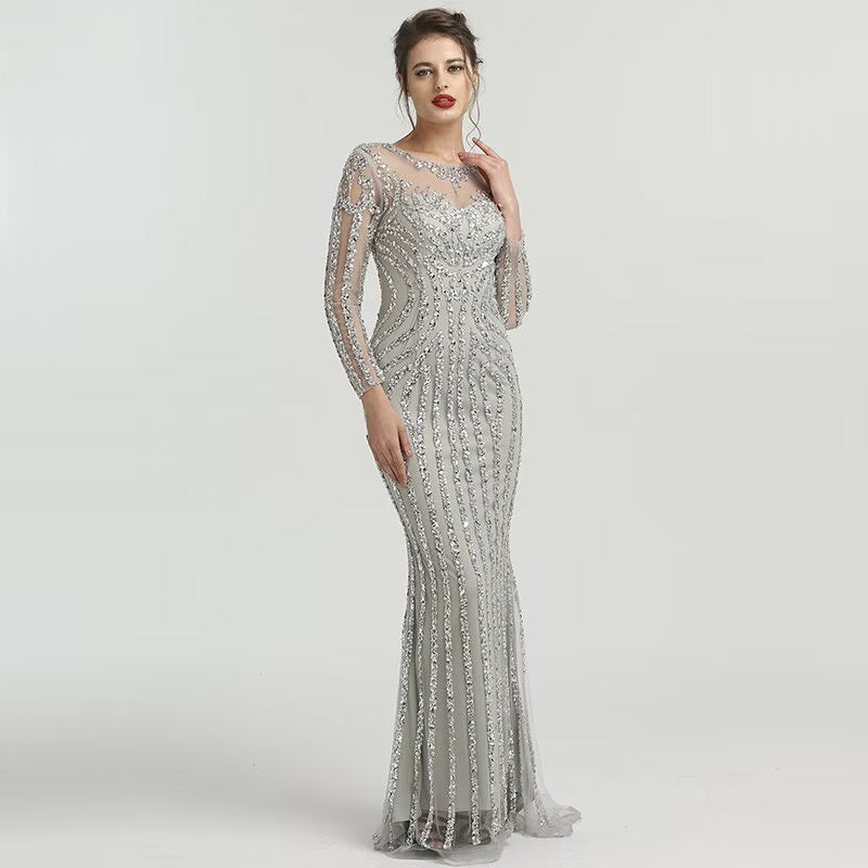 Grey Luxury Long Sleeves Sparkly Evening Dress Mermaid Sexy Diamond Beading Formal Dress