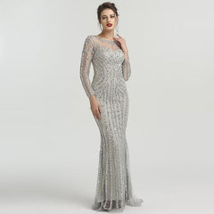 Grey Luxury Long Sleeves Sparkly Evening Dress Mermaid Sexy Diamond Beading Formal Dress