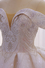 Off-The-Shoulder Satin Wedding Dress in Pink with Modest Ball Gown Ruffles and Sequins Beading
