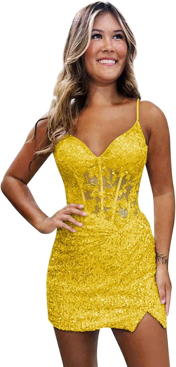 Loyeloy Short Homecoming Dresses for Teens 2025 V Neck Sparkly Sequin Applique Prom Evening Gowns