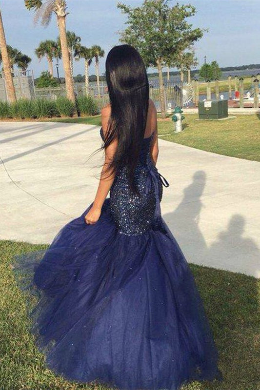 Stunning Sweetheart Sequins Appliques Navy Mermaid Prom Dress