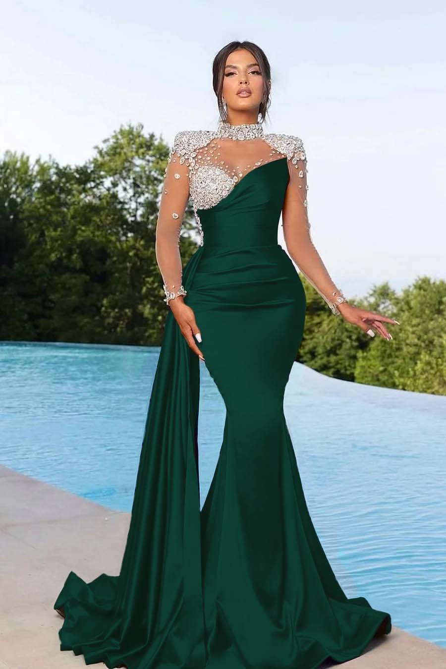 Purple Prom Dress Long Mermaid Satin With Trail Beadings Long Sleeves