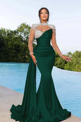 Purple Prom Dress Long Mermaid Satin With Trail Beadings Long Sleeves