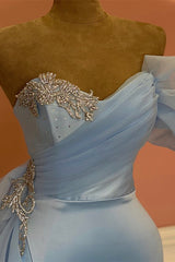 Modern Sky Blue Sweetheart Mermaid Prom Dress Beadings With Split Tulle Ruffles