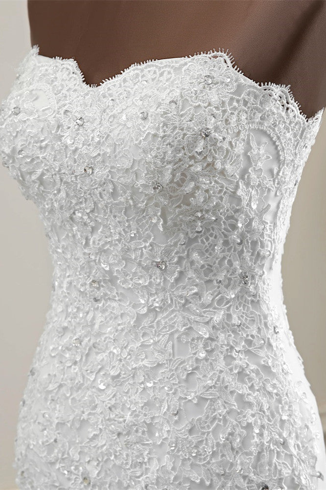 Long Mermaid Strapless Lace Wedding Dress with Elegant Appliques and Beadings