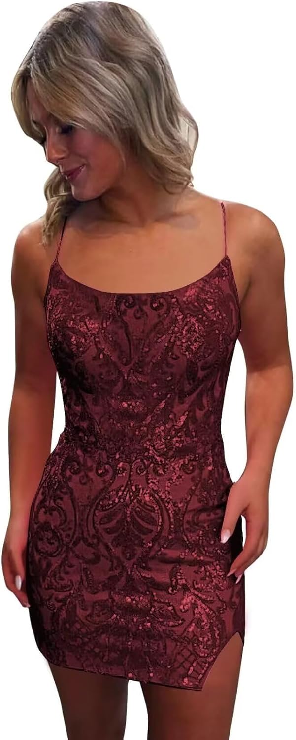 Tight Sequin Homecoming Dresses for Teens Sparkly Short Prom Dress with Slit Glitter Cocktail Gowns