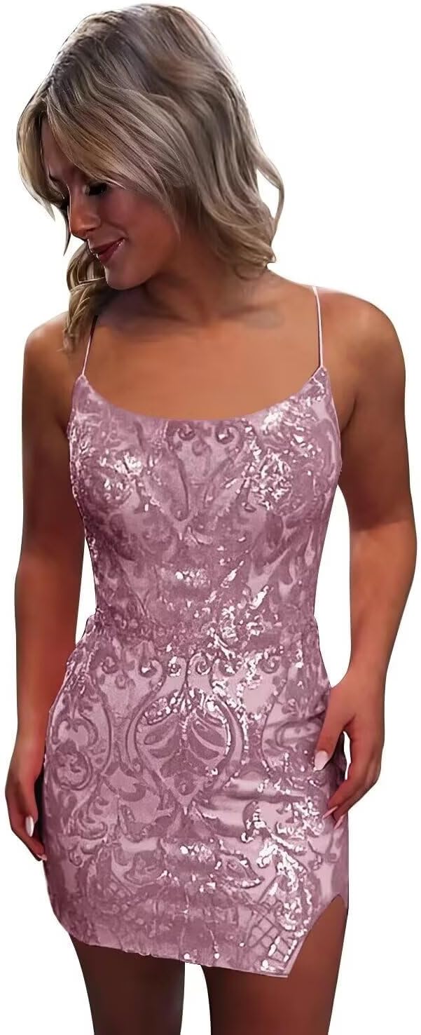 Tight Sequin Homecoming Dresses for Teens Sparkly Short Prom Dress with Slit Glitter Cocktail Gowns