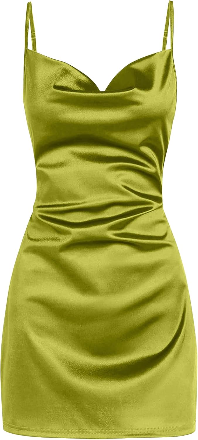 ZAFUL Women's Satin Sleeveless Spaghetti Strap Mini Dress Sexy Slip Cowl Neck Silky Cocktail Party Dresses