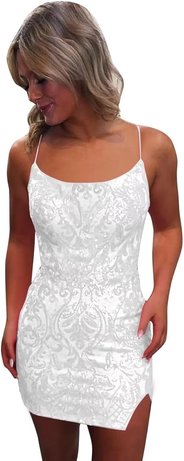 Tight Sequin Homecoming Dresses for Teens Sparkly Short Prom Dress with Slit Glitter Cocktail Gowns