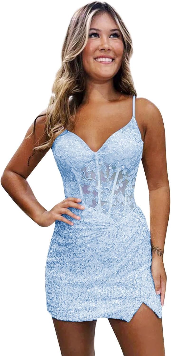 Loyeloy Short Homecoming Dresses for Teens 2025 V Neck Sparkly Sequin Applique Prom Evening Gowns