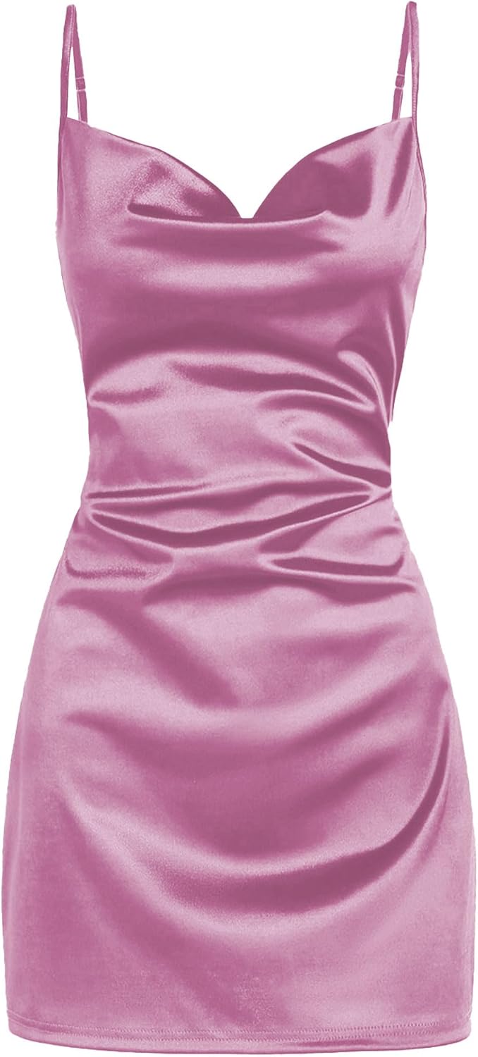 ZAFUL Women's Satin Sleeveless Spaghetti Strap Mini Dress Sexy Slip Cowl Neck Silky Cocktail Party Dresses
